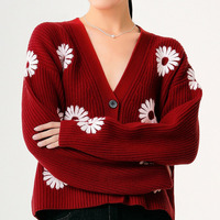 Sweter wol 100% wanita kustom jaket rajut bordir bunga kardigan atasan V-Neck bergaris hangat untuk wanita