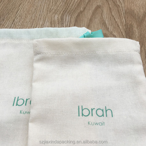 Sac à cordon en coton et lin naturel avec logo personnalisé recyclable, avec ruban gros-grain bleu, pochette à cordon en coton et lin - Product Image 5