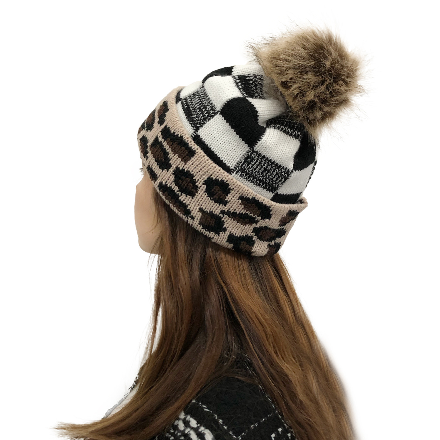 Fur Pompom Custom Knitted Leopard Print Beanie Hat display picture 2