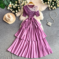 Robes haut de gamme, robe élégante pour femme, robe à fleurs tridimensionnelles perlées, col rond, ourlet plissé, jupe plissée