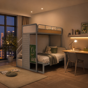 Lit superposé en métal, cadre en acier robuste, lit à 2 niveaux avec barrière de sécurité pour appartement, auberge - Product Image 2