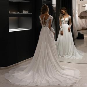 Wedding Dress A-Line Ivory White Sweetheart Neckline Long Sleeves Lace Open Back Slim Fit Natural Waistline - Product Image 2