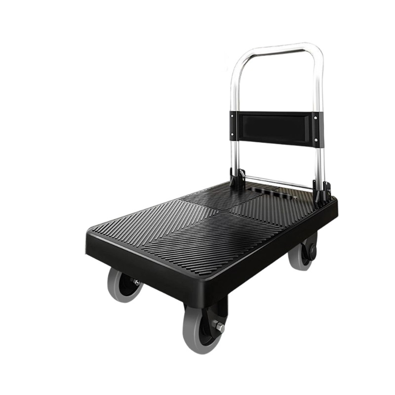 AOCHEN Anti-Slip Textured Platform Cart with Folding Handle, Single Metal Railing Swivel Casters