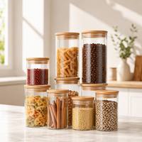 Bocaux de conservation alimentaire en verre borosilicate empilables, compatibles lave-vaisselle, écologiques, avec couvercles en bambou, plusieurs capacités, pour rangement de cuisine et garde-manger