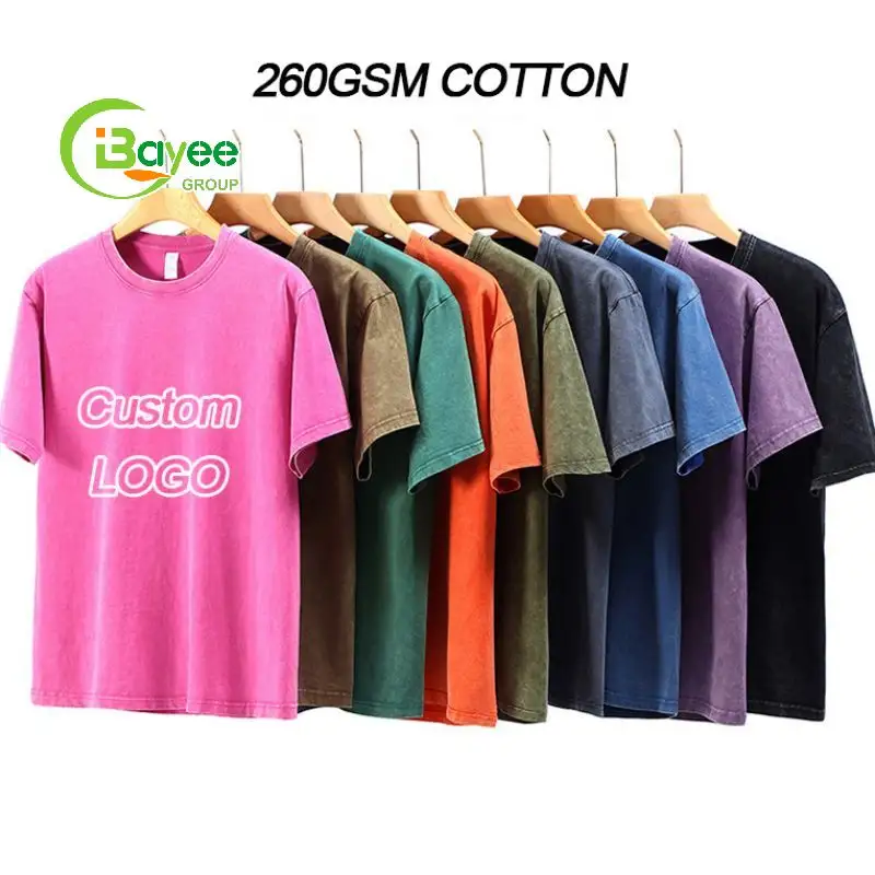Camiseta masculina lavada com ácido, camiseta de algodão com estampa personalizada 260 G/M 100 pesada e hip hop vintage