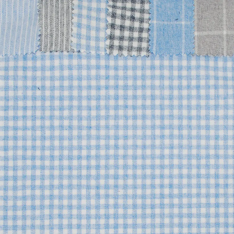 Leisure 21s plaid 170gsm white sky blue sueding single brushed peach processing cotton check fabric for winter shirt