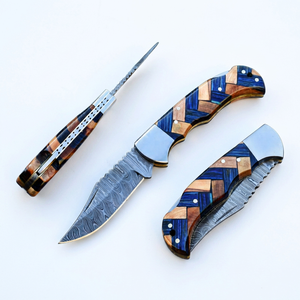 Handmade Damascus Steel Back <b>Lock</b> Pocket Knife Blue Olive Wood Handle DIY Sharp Edge Leather Sheath Personalized Folding Knife - Product Image 1