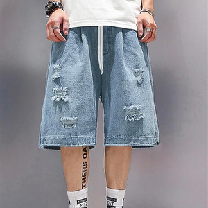 Shorts en jean baggy taille mi-haute personnalisés pour hommes, style Y2K, cargo, déchirés, taille élastique, en denim, confortables, décontractés, streetwear, été - Product Image 1