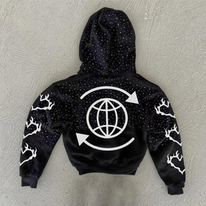 Sweat à capuche zippé en coton surdimensionné personnalisé pour homme, style streetwear, coupe courte, respirant, avec broderie et imprimé effet vieilli, poche et strass, collection Printemps - Product Image 2