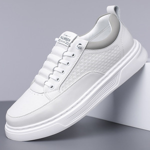 White Men's Casual <b>Leather</b> <b>Sneakers</b> Low Heel Breathable Rubber Outsole Wenzhou Made - Product Image 1