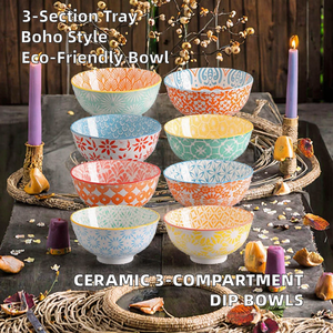 Ensemble de bols à sauce en céramique à 3 compartiments, design bohème écologique, plateau de service pour apéritifs, petites coupelles à sauce, pour desserts - Product Image 2
