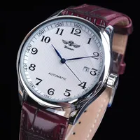 Winner Montre Automatique Mécanique Homme Luxe Design Rétro Classique Calendrier Bracelet Marron Aiguilles Bleues Marque Supérieure
