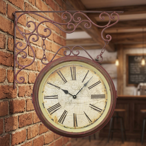 Reloj de Pared Circular de Doble Cara, Estilo Europeo, de Bambú Rojo Antiguo, con Diseño de Estación de Tren, con Agujas - Product Image 3