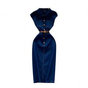 Vestido Midi Tipo Túnica Romana de Verano para Mujer, Sin Mangas, Estilo Imperio, en Mezclilla - Product Image 5