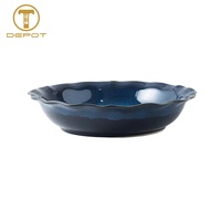 Ensemble de bols à dîner en céramique bleu foncé nordique, en porcelaine, grande capacité, bord fleuri, bol à soupe en céramique avec rebord pour restaurant