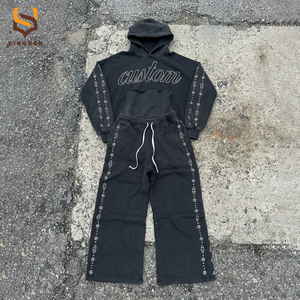 Conjunto de Sudadera con Capucha y Pantalones Deportivos Anchos con Estilo Vintage, Lavado Ácido, Remaches y Pedrería - Product Image 2