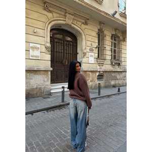 Sudadera Oversize de Seda Marrón con Estilo Hip Hop Urbano, Cuello Alto, Diseño con Cremallera, Detalle Bordado, Talla Única para Invierno - Product Image 1