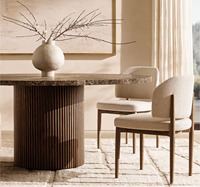Meubles de salle à manger élégants et luxueux, table à manger ronde en marbre sur base en bois moderne haut de gamme, intérieur