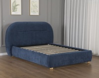 Lit Willsoon avec tête de lit incurvée en velours bleu marine capitonnée, cadre de lit extensible avec pieds en bois, meubles de chambre à coucher
