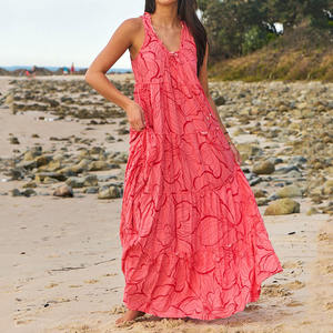 2026年工場ハワイアンプリント多層Vネックドローストリングホルターネックカジュアルドレスカスタムソフトレーヨンサマードレス - Product Image 2