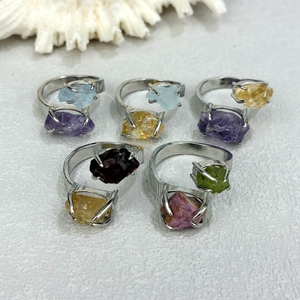 Anello Minimalista Placcato <span class=keywords><strong>Argento</strong></span> con Doppia Pietra, Stile Bohemien, con Cristalli Grezzi di Ametista, Citrino e Acquamarina, per Matrimoni, Feste e Uso Quotidiano - Product Image 3