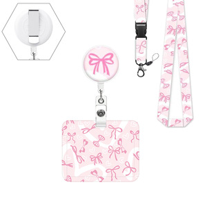 Porte-carte d'identité rose imprimé à motif nœud évidé, avec cordon à boucle facile à dégager, personnalisable avec logo, disponible pour l'exportation - Product Image 1