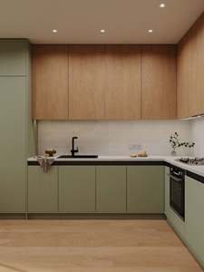 ตู้ครัวสไตล์โมเดิร์นโทนสีเย็น, เตาไมโครเวฟแบบฝัง, ตู้เก็บของครบครัน, แบบเกาะกลาง, สำหรับอพาร์ตเมนต์เชิงพาณิชย์ขนาดเล็ก - Product Image 2