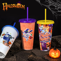 Nueva Llegada, Oferta de Halloween, Regalo para Fiestas, Vasos de Plástico de 24 oz, Vasos Reutilizables que Cambian de Color, con Tapas y Pajitas