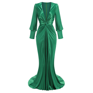 green emerald velvet dress Mac Duggal 55693 Long Sleeve Formal Satin Dress