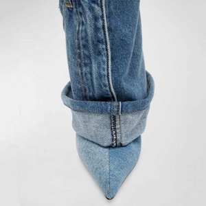 Size 45 Custom Denim Short Pants <b>Boots</b> Thin High Heels Pointed Toe Overlay Ankle Booties Wide Top Women's Trend Folded Shoes - Product Image 4