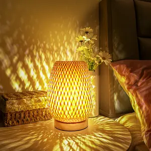 Wholesale Dimmable Bamboo Woven Boho Beside Lamp Desk Lamp Decorative Vintage Wooden Nightstand Light