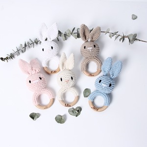 Luckykoo Natural Cotton Cartoon Hand Shake Crochet Animal Bunny Baby Rattle Toys with Wooden Teething <b>Ring</b> for Girls and Boys - Product Image 1