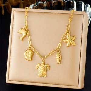 Ocean Life Series Gold Plated Pendant Chain Stainless Steel Turtle Starfish Dolphin Fish Charm Necklace Gift - Product Image 1