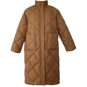 FREE SAMPLE Long Padded Coat Women's Casual Stand-up Collar Argyle Pattern Oversized Parka Female Chic Jacket