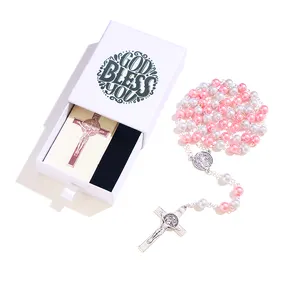 2023 XIMAI religieux rose perle catholique croix pendentif chapelet collier en gros avec boîte de Logo personnalisé