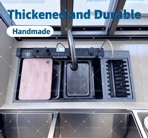Évier de cuisine <span class=keywords><strong>noir</strong></span> en acier inoxydable à deux bacs, avec robinet cascade monobloc de 40 pouces, design nid d'abeille bionique, nouvelle tendance TikTok - Product Image 3