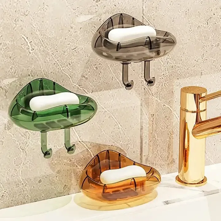 Light Luxury Wall Mounted Soap Holder with Hooks Soap Drain Dish Punch-free Bathroom Soap Storage Rack