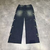 Pantalon en jean délavé personnalisé avec logo, style vintage, délavé au soleil, hip-hop, appliqués, coupe droite, décontracté, avec patchs