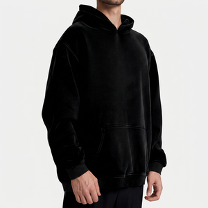 Sweat-shirt à capuche unisexe noir, coupe ample, poche kangourou, ourlet et poignets côtelés, vêtement décontracté pour l'automne, 100% coton molletonné, service OEM - Product Image 1