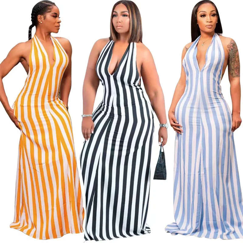 black stripe V halter neck bandage dress backless plus size,African fashion women sexy halter backless maxi long dress for women