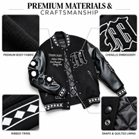 Blouson Bomber Varsity Noir Personnalisé (OEM/ODM) avec Broderies et Patchs Lettres, Doublure Matelassée pour Marques de Streetwear et de Vêtements pour Hommes