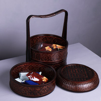 Keranjang anyaman bambu cokelat tua vintage buatan tangan gaya Cina, dua lapis, wadah penyimpanan, kotak makanan, untuk festival