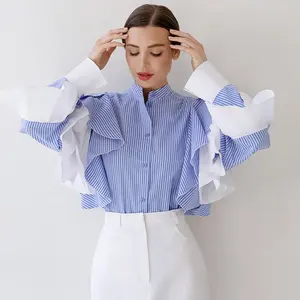 2024 moda kadın uzun kollu mavi gömlek ruffled patchwork moda gömlek