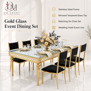 Luxury Stainless Steel Glass Top <b>Dining</b> Table Set with Upholstered <b>Chairs</b> for Wedding Banquet Event Wholesale - Product Image 1