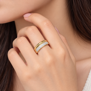Curved Pave Zircon Band <b>Ring</b> Stainless Steel 14K Gold Vacuum Plated Gold Tone Wide <b>Statement</b> <b>Ring</b> - Product Image 2