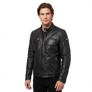เสื้อแจ็คเก็ตหนังแท้สีดำสำหรับผู้ชาย แบบ Biker  ตกแต่งลายควิลท์ที่ไหล่  สไตล์ Cafe Racer  ทรงเข้ารูป  เสื้อโค้ทหนังแท้สำหรับขี่มอเตอร์ไซค์ - Product Image 2