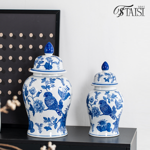 Pot de gingembre en <span class=keywords><strong>porcelaine</strong></span> bleu et blanc décoratif oiseaux jaunes pots de stockage en céramique Vase chinois Antique pour la décoration intérieure - Product Image 4