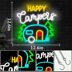 Letreros Happy Campers de Neón LED, Regulables, Alimentados por USB, Luz Ambiental, Decoración para Escaparates, Luz Indicadora de Calle, Personalizables - Product Image 1