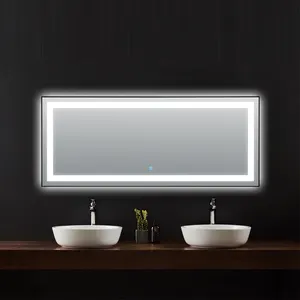 Cermin LED Pintar Kamar Mandi, Ukuran Besar Persegi Panjang Sensor Sentuh Cermin LED Cerdas Desain Grafis Suku Cadang Gratis Villa Modern