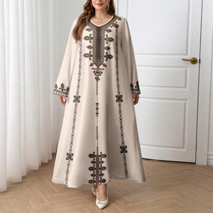 <span class=keywords><strong>Abito</strong></span> Mediorientale da Donna Taglie Forti, Vestito Ampio in Poliestere con Scollo a V, Maniche Lunghe, Stampa Floreale <span class=keywords><strong>Etnica</strong></span>, per Adulti, Spiaggia, Campeggio - Product Image 1
